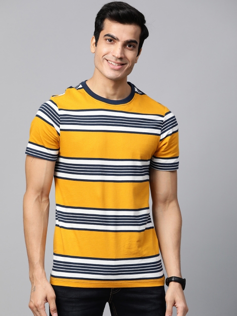 

Mast & Harbour Men Mustard Yellow & Navy Blue Striped Round Neck T-shirt