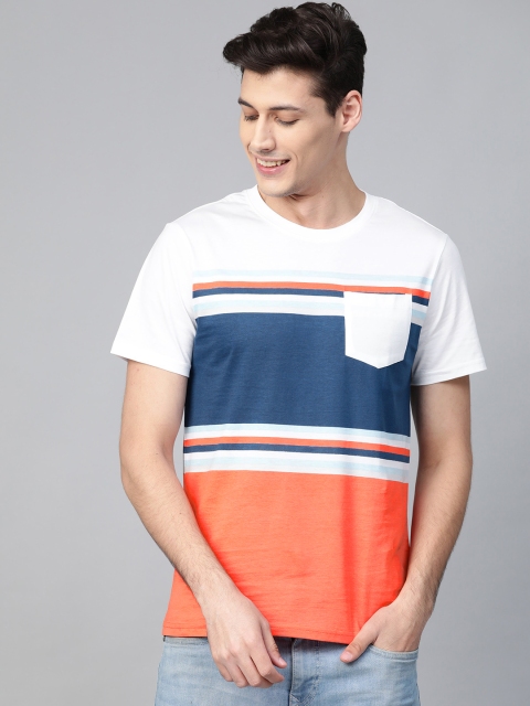 

Mast & Harbour Men Navy Blue & Coral Orange Colourblocked Round Neck T-shirt