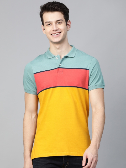 

Mast & Harbour Men Mustard Yellow & Green Striped Polo Collar T-shirt