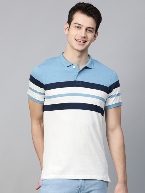 

Mast & Harbour Men White & Blue Striped Polo Collar T-shirt