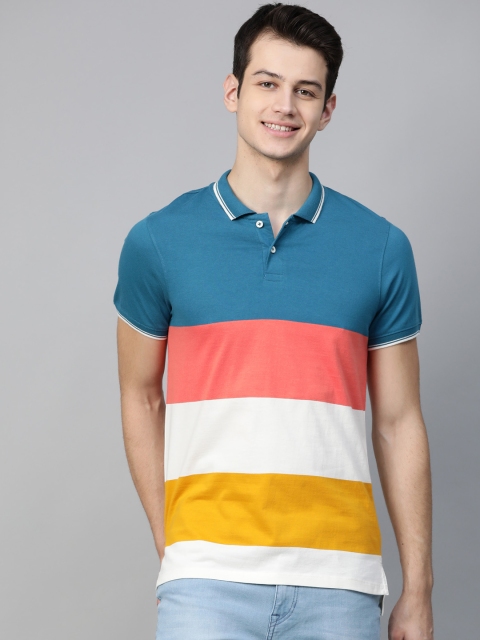 

Mast & Harbour Men White & Teal Blue Striped Polo Collar T-shirt