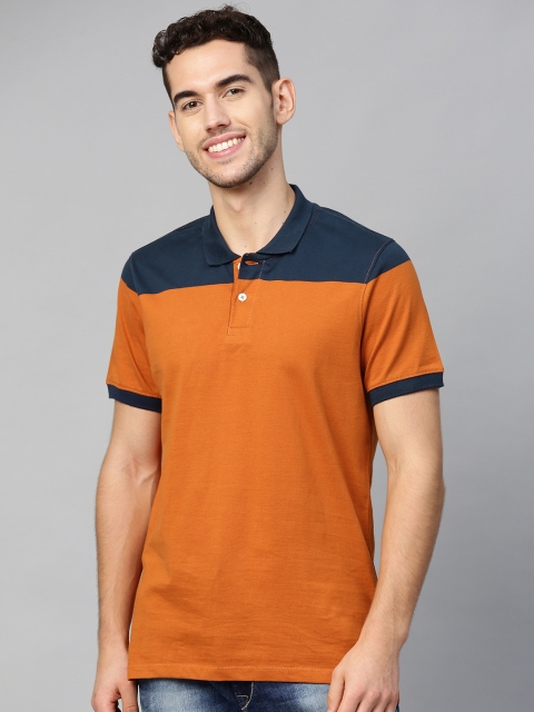 

Mast & Harbour Men Rust Brown & Navy Blue Colourblocked Polo Collar T-shirt