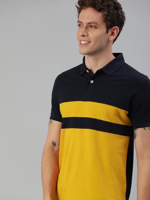 

Mast & Harbour Men Mustard Yellow & Navy Blue Colourblocked Polo Collar T-shirt