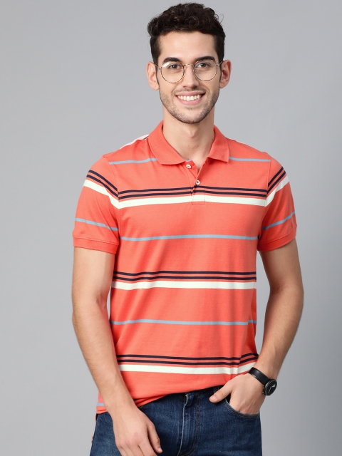 

Mast & Harbour Men Coral Orange & Off-White Striped Polo Collar T-shirt