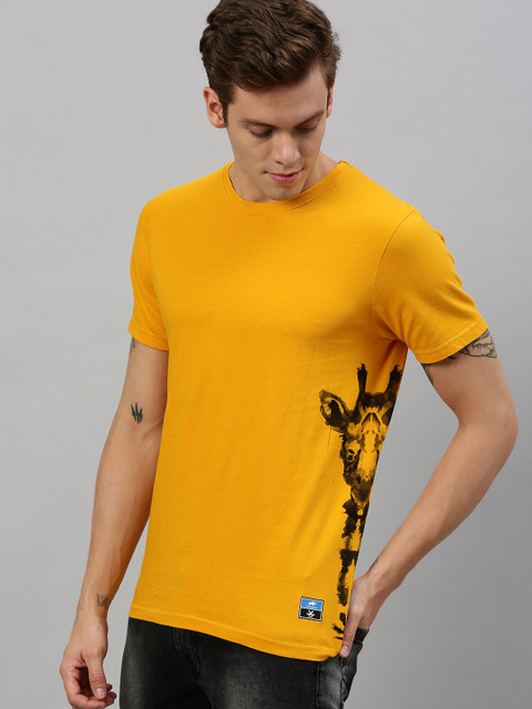 

WROGN x Animal Planet Men Mustard Yellow Slim Fit Placement Printed Pure Cotton T-shirt