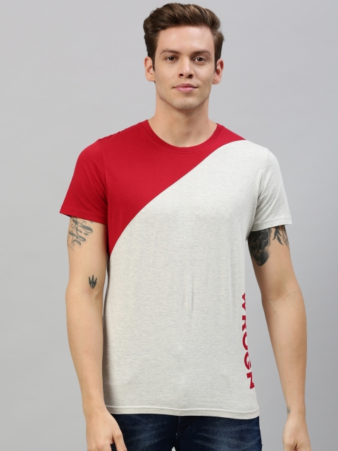 

WROGN Men Grey & Red Slim Fit Colourblocked Round Neck T-shirt