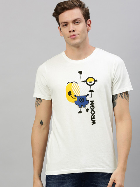 

WROGN x Minions Men White Slim Fit Printed Round Neck Pure Cotton T-shirt