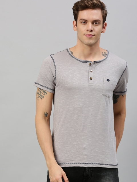 

WROGN Men Grey Slim Fit Solid Henley Neck Pure Cotton T-shirt