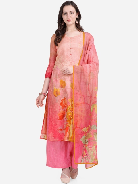 

Stylee LIFESTYLE Pink and Yellow Satin Unstitched Floral Printed Dress Material