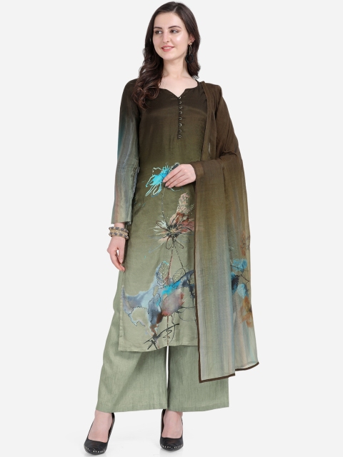 

Stylee LIFESTYLE Green and Blue Satin Unstitched Floral Printed Dress Material
