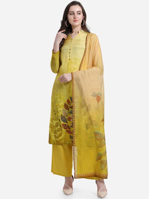 

Stylee LIFESTYLE Yellow and Brown Satin Unstitched Floral Printed Dress Material