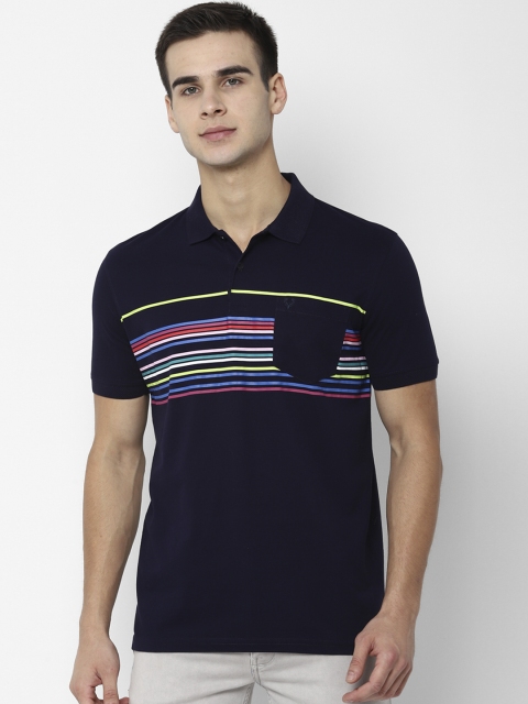 

Allen Solly Men Navy Blue Striped Polo Collar Pure Cotton T-shirt