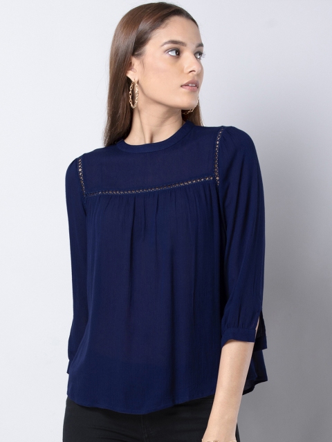 

FabAlley Women Navy Blue Self Design Boxy Top