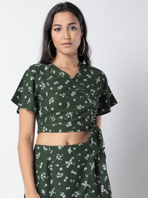 

FabAlley Women Green Floral Print Wrap Top With Tie-Up Detail