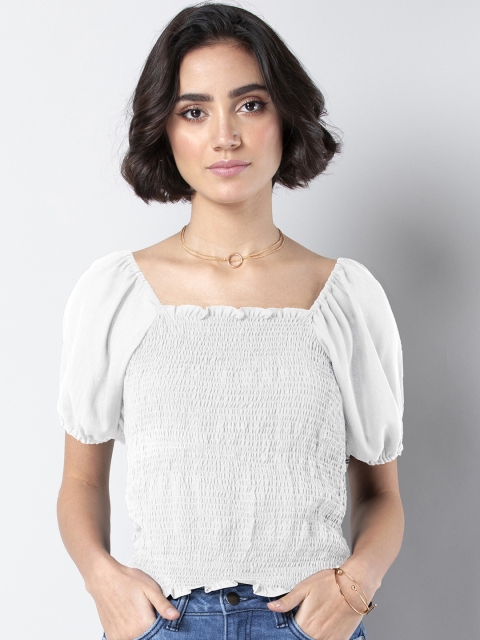 

FabAlley Women White Smocked Blouson Top