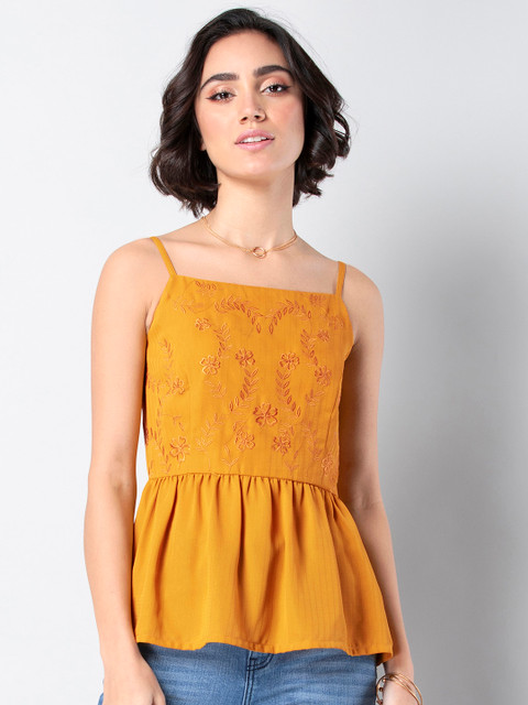 

FabAlley Women Mustard Yellow Floral Print Peplum Top