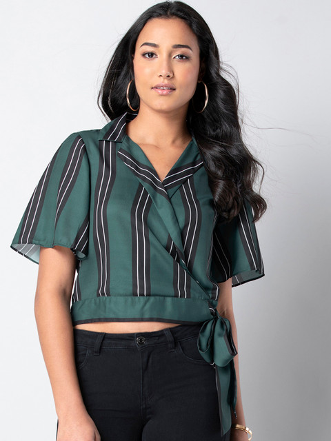

FabAlley Women Green & Black Striped Wrap Crop Top