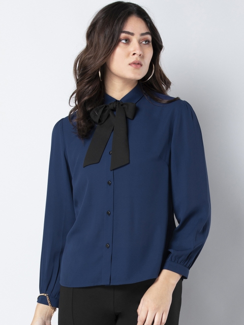 

FabAlley Women Navy Blue Solid Shirt Style Top