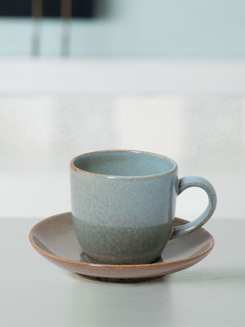 

ellementry Blue And Brown Colourblocked Ceramic Tea Cup & Saucer