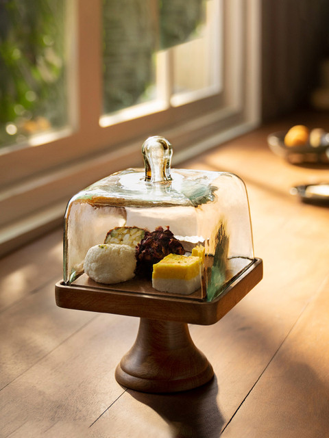 

ellementry Brown And Transparent Solid Square Glass Cloche With Wooden Stand