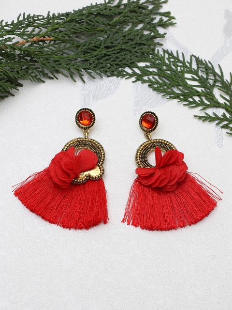 

Shining Diva Fashion Red Gold-Toned Circular Tasseled Drop Earrings