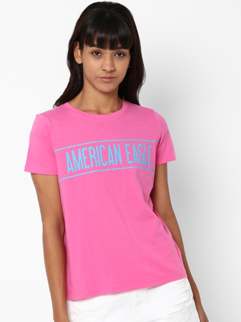 

AMERICAN EAGLE OUTFITTERS Women Pink Brand Logo Print Round Neck T-shirt