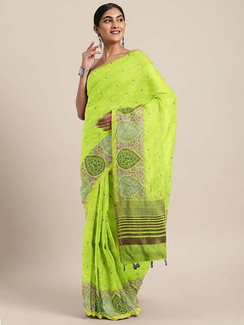 

The Chennai Silks Classicate Green Viscose Rayon Embroidered Banarasi Saree