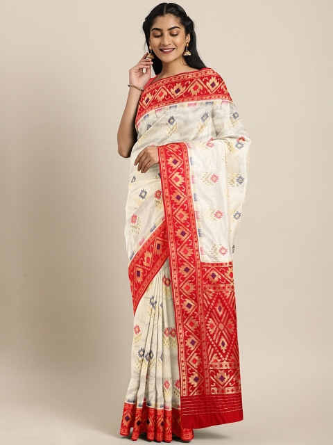 

The Chennai Silks Off-White & Red Silk Blend Woven Design Patola Saree