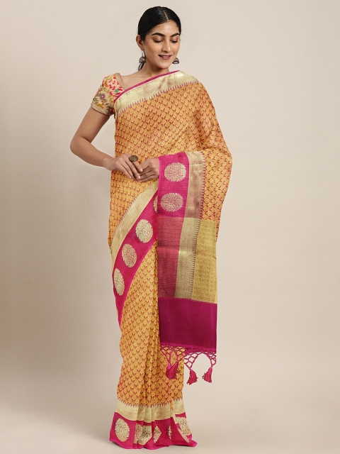 

The Chennai Silks Mustard Yellow & Magenta Organza Woven Design Banarasi Saree