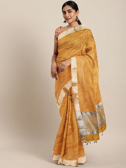 

The Chennai Silks Mustard Yellow Embroidered Jute Cotton Saree