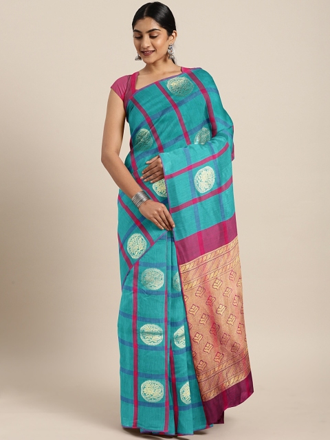 

The Chennai Silks Classicate Teal Blue & Pink Silk Cotton Checked Saree