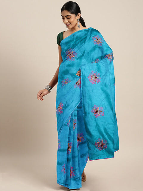 

The Chennai Silks Classicate Blue & Pink Viscose Rayon Embroidered Banarasi Saree