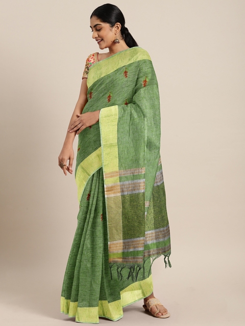

The Chennai Silks Green & Yellow Pure Linen Embroidered Banarasi Saree