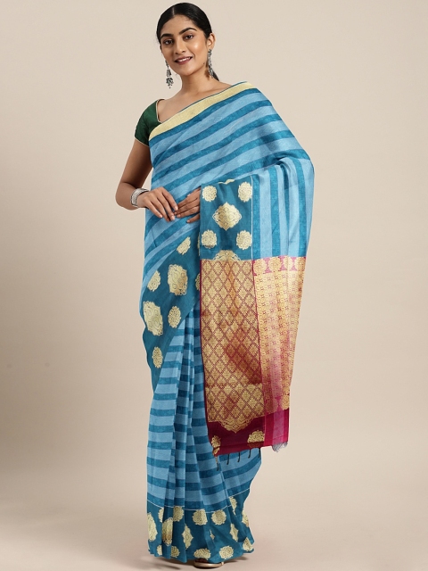 

The Chennai Silks Blue & Gold-Toned Silk Cotton Striped Saree