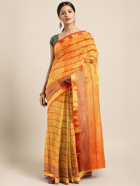 

The Chennai Silks Orange & Gold-Toned Organza Checked Banarasi Saree