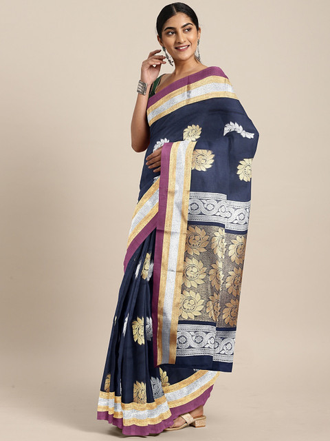 

The Chennai Silks Navy Blue & Gold-Toned Silk Cotton Woven Design Saree