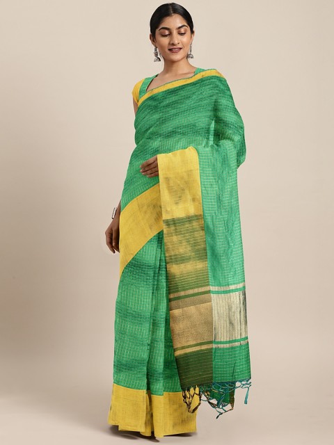 

The Chennai Silks Green & Gold-Toned Organza Checked Banarasi Saree