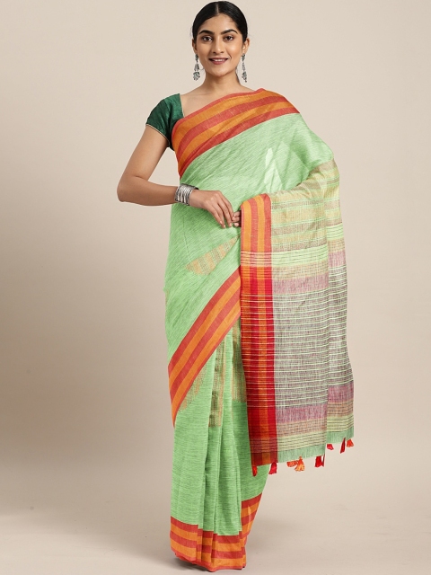 

The Chennai Silks Classicate Green & Orange Pure Linen Embroidered Banarasi Saree