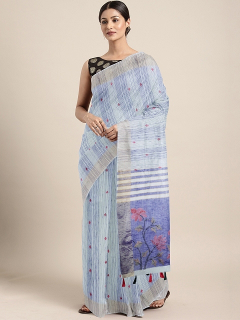 

The Chennai Silks Blue & Off-White Pure Linen Striped Banarasi Saree