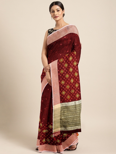 

The Chennai Silks Maroon Pure Linen Embroidered Banarasi Saree