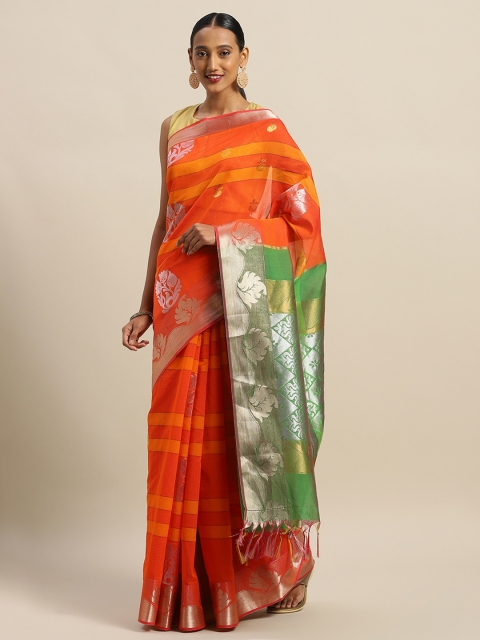 

The Chennai Silks Classicate Orange & Yellow Silk Cotton Striped Saree