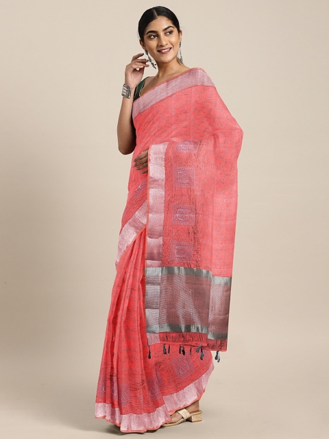 

The Chennai Silks Coral Pink Embroidered Jute Cotton Saree