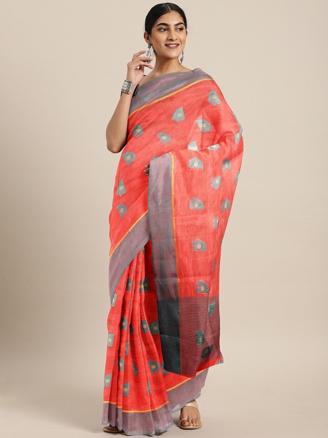 

The Chennai Silks Coral Red & Green Viscose Rayon Woven Design Saree