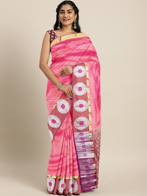 

The Chennai Silks Pink & Gold-Toned Pure Silk Striped Kanjeevaram Saree