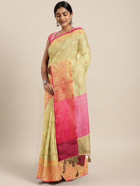 

The Chennai Silks Beige & Pink Organza Checked Banarasi Saree