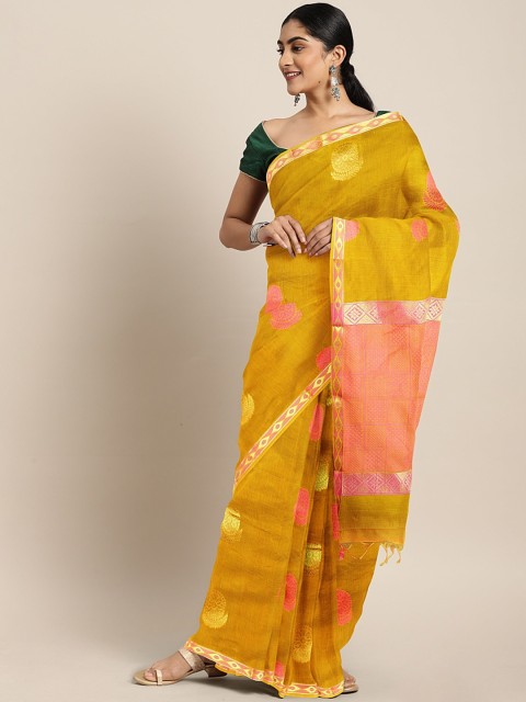 

The Chennai Silks Classicate Mustard Yellow & Pink Silk Cotton Woven Design Saree