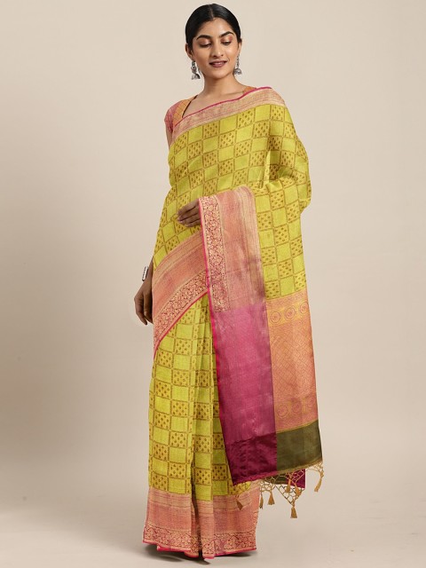 

The Chennai Silks Yellow & Gold-Toned Organza Woven Design Banarasi Saree