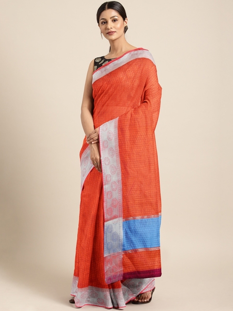 

The Chennai Silks Orange & Silver-Toned Silk Cotton Woven Design Saree