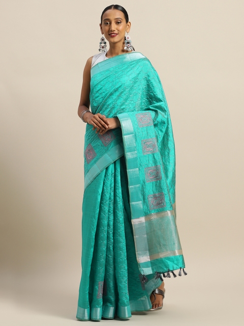 

The Chennai Silks Classicate Turquoise Blue Embroidered Jute Cotton Saree