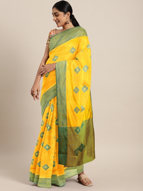 

The Chennai Silks Mustard Yellow & Green Woven Design Viscose Rayon Saree